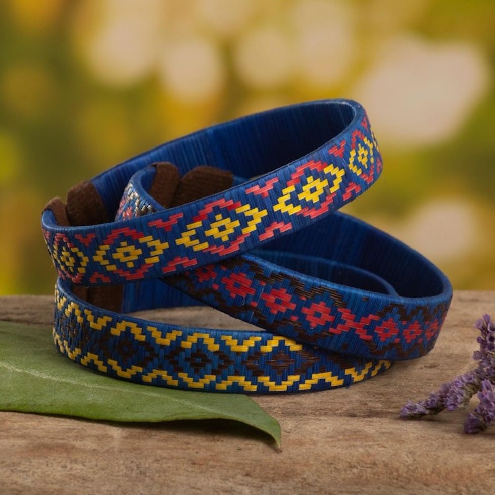Three Blue Cuff Bracelets Woven with Colombian Cane Fiber 'Blue Colombian Geometry'