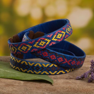 Alternate image for Three Blue Cuff Bracelets Woven with Colombian Cane Fiber Blue Colombian Geometry