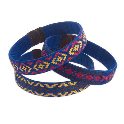 Alternate image for Three Blue Cuff Bracelets Woven with Colombian Cane Fiber Blue Colombian Geometry