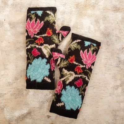 Alternate image for Baby Alpaca Fingerless Mitts with Floral Motifs Ebony Baroque