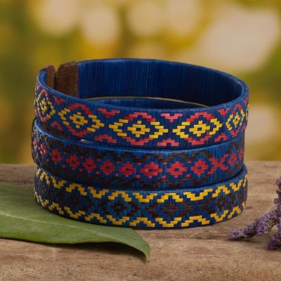 Alternate image for Three Blue Cuff Bracelets Woven with Colombian Cane Fiber Blue Colombian Geometry
