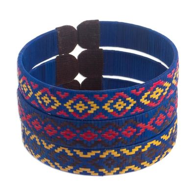 Alternate image for Three Blue Cuff Bracelets Woven with Colombian Cane Fiber Blue Colombian Geometry