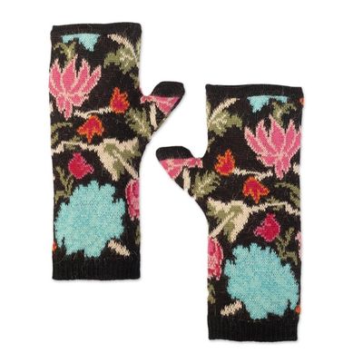 Alternate image for Baby Alpaca Fingerless Mitts with Floral Motifs Ebony Baroque