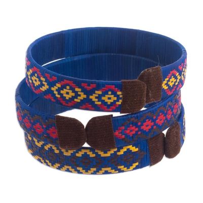 Alternate image for Three Blue Cuff Bracelets Woven with Colombian Cane Fiber Blue Colombian Geometry