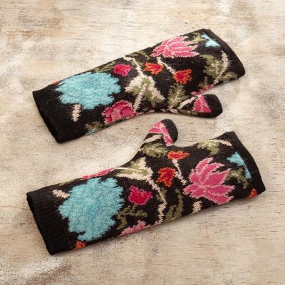Alternate image for Baby Alpaca Fingerless Mitts with Floral Motifs Ebony Baroque