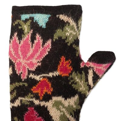 Alternate image for Baby Alpaca Fingerless Mitts with Floral Motifs Ebony Baroque