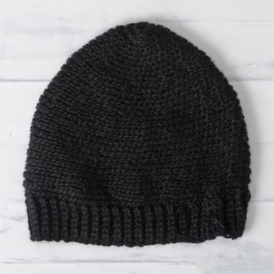 Alternate image for Black Hand Crocheted 100 Alpaca Hat from Peru Nightfall