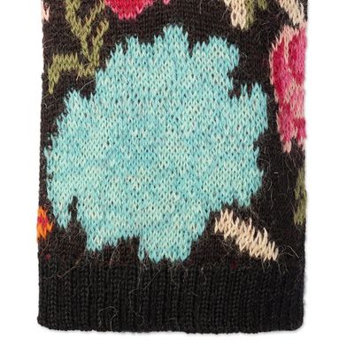 Alternate image for Baby Alpaca Fingerless Mitts with Floral Motifs Ebony Baroque