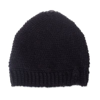 Alternate image for Black Hand Crocheted 100 Alpaca Hat from Peru Nightfall
