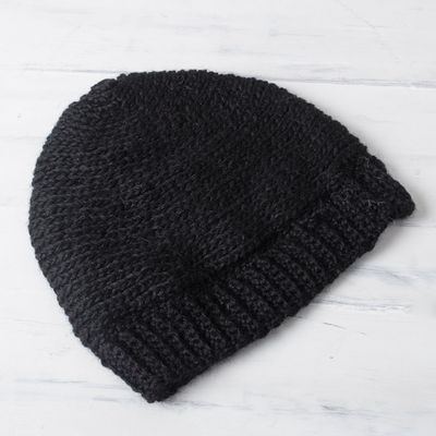 Alternate image for Black Hand Crocheted 100 Alpaca Hat from Peru Nightfall