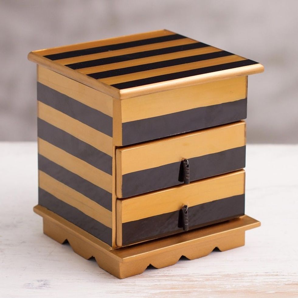 Reverse-Painted Glass Jewelry Chest in Gold and Black 'Modern Gleam'