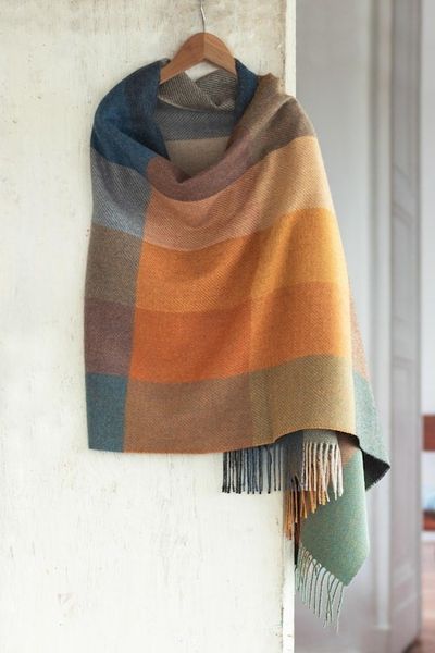 Alternate image for Super Soft Brown-Orange Plaid Alpaca Wool Patterned Scarf Autumn Squared