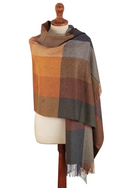Alternate image for Super Soft Brown-Orange Plaid Alpaca Wool Patterned Scarf Autumn Squared