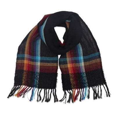 Alternate image for Dark Multicolor 100 Alpaca Scarf Hand Made in Peru Peruvian Plaid