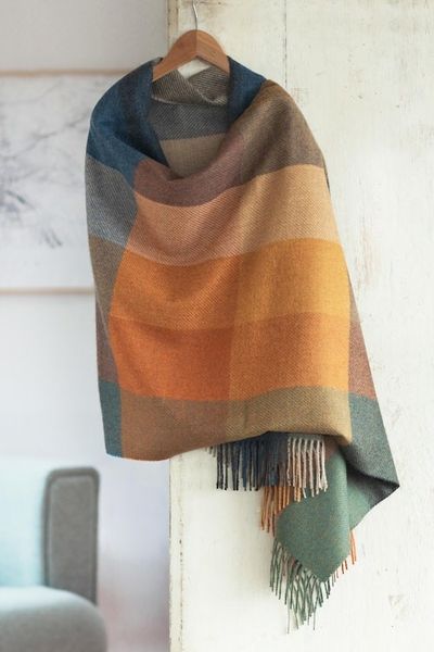 Alternate image for Super Soft Brown-Orange Plaid Alpaca Wool Patterned Scarf Autumn Squared