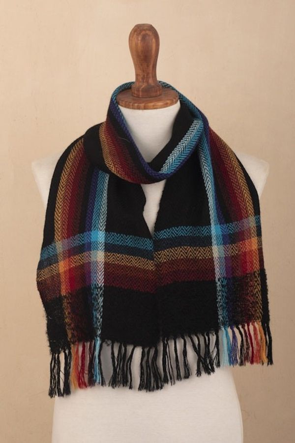 Alternate image for Dark Multicolor 100 Alpaca Scarf Hand Made in Peru Peruvian Plaid