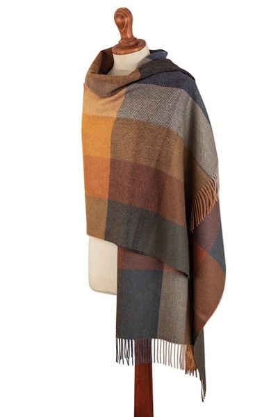 Alternate image for Super Soft Brown-Orange Plaid Alpaca Wool Patterned Scarf Autumn Squared