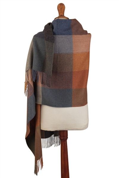 Alternate image for Super Soft Brown-Orange Plaid Alpaca Wool Patterned Scarf Autumn Squared