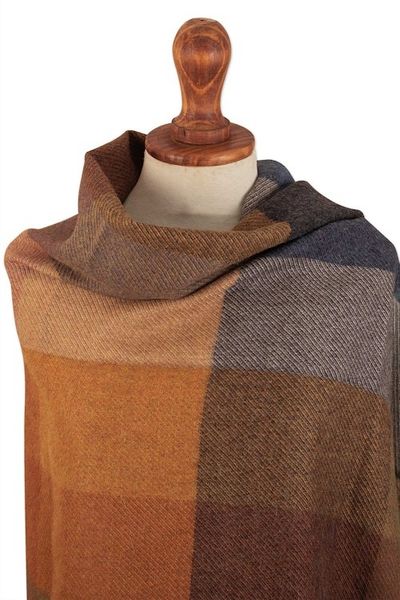 Alternate image for Super Soft Brown-Orange Plaid Alpaca Wool Patterned Scarf Autumn Squared