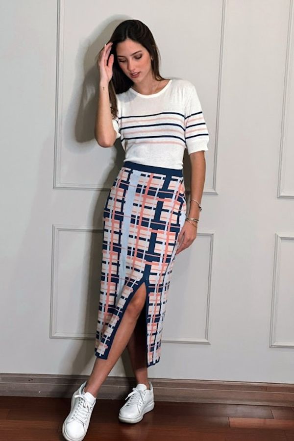 Alternate image for Hand Made Cotton Blend Knit Plaid Maxi Skirt from Peru Melon Spring