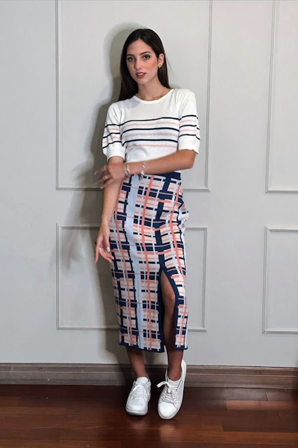Alternate image for Hand Made Cotton Blend Knit Plaid Maxi Skirt from Peru Melon Spring