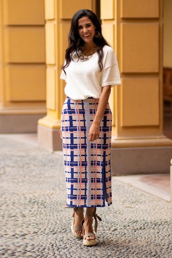 Alternate image for Hand Made Cotton Blend Knit Plaid Maxi Skirt from Peru Melon Spring