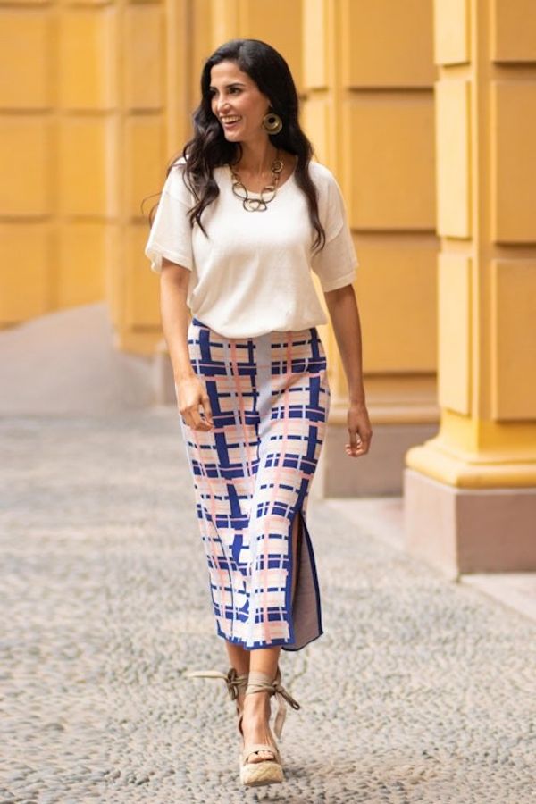 Alternate image for Hand Made Cotton Blend Knit Plaid Maxi Skirt from Peru Melon Spring
