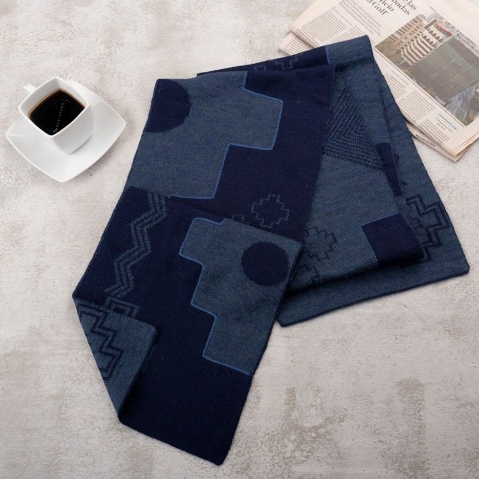 Chakana-Themed Reversible Alpaca Blend Scarf in Blue Hues 'Chakana Visions'