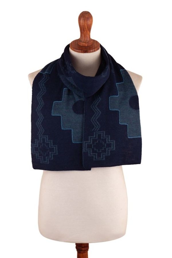 Alternate image for Chakana-Themed Reversible Alpaca Blend Scarf in Blue Hues Chakana Visions