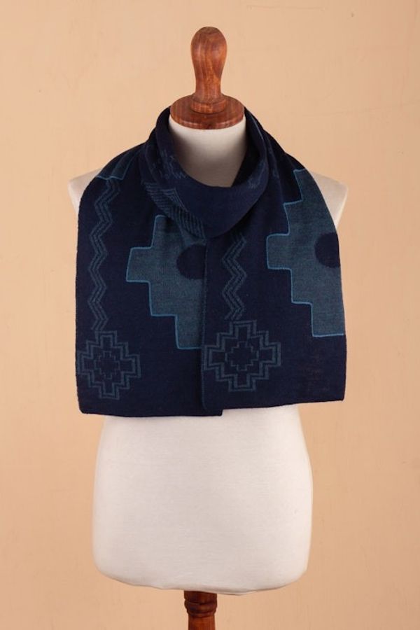 Alternate image for Chakana-Themed Reversible Alpaca Blend Scarf in Blue Hues Chakana Visions