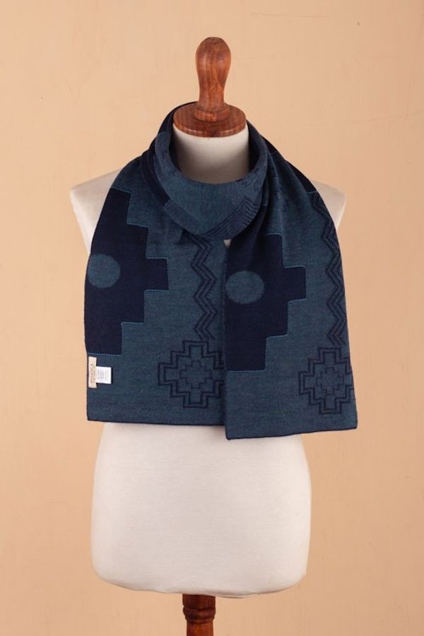 Alternate image for Chakana-Themed Reversible Alpaca Blend Scarf in Blue Hues Chakana Visions