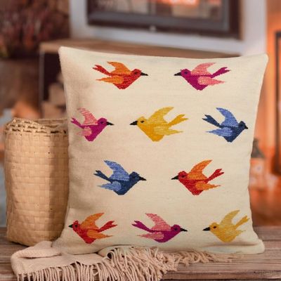 Alternate image for Bird-Themed Ivory Wool Cushion Cover with Colorful Details Chanting Birds