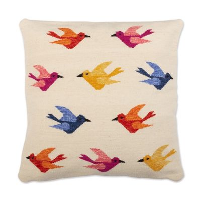 Alternate image for Bird-Themed Ivory Wool Cushion Cover with Colorful Details Chanting Birds