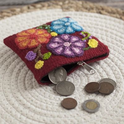 Alternate image for Floral Embroidered Wool Coin Purse in Cherry from Peru Cherry Garden