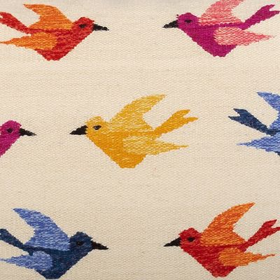 Alternate image for Bird-Themed Ivory Wool Cushion Cover with Colorful Details Chanting Birds