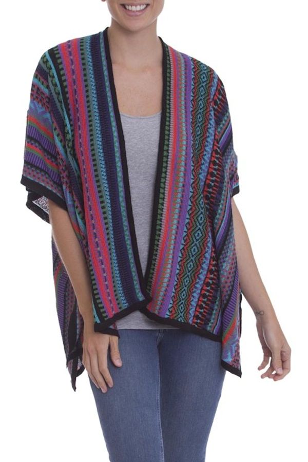 Alternate image for Fuchsia and Multi-Color Striped Acrylic Knit Ruana Garden Strata