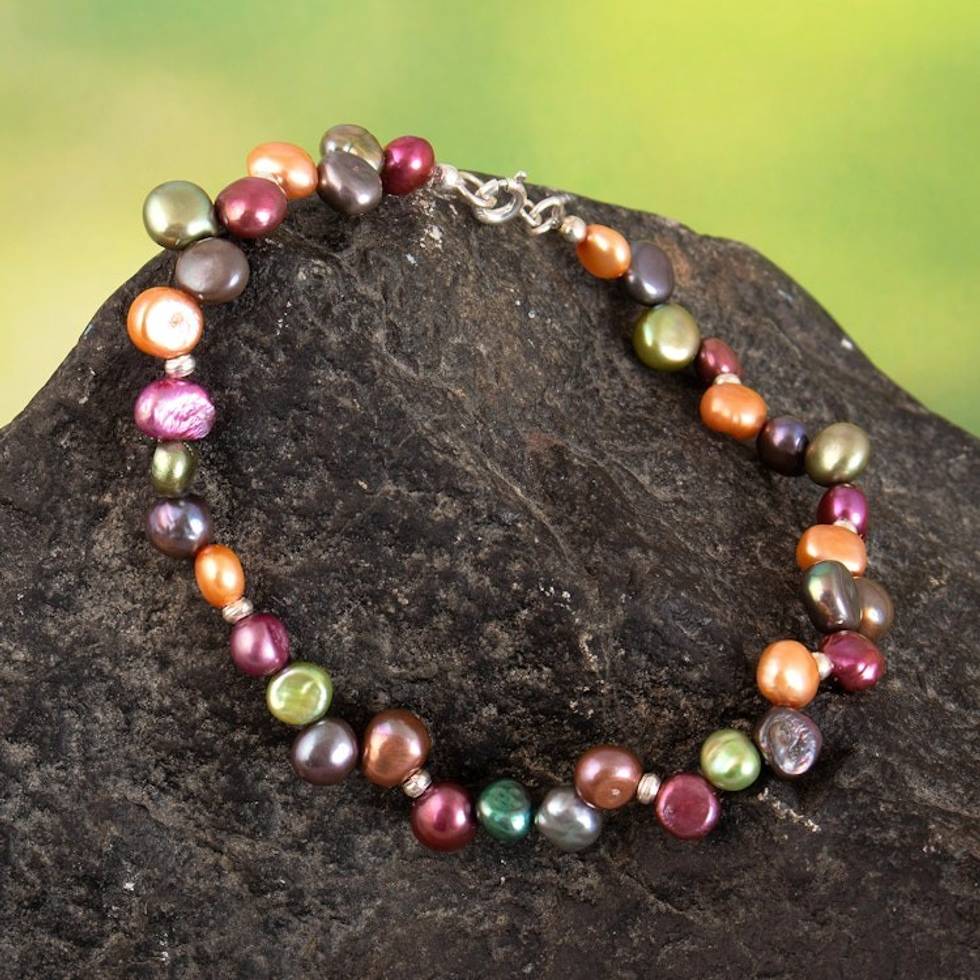 Sterling Silver and Cultured Pearl Marine Charm Anklet 'Sea Fantasy'