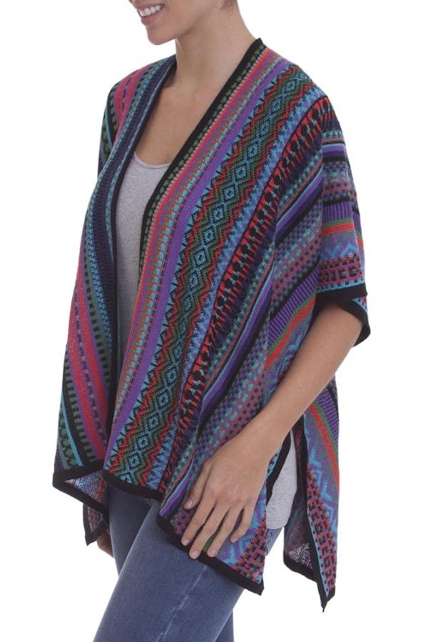 Alternate image for Fuchsia and Multi-Color Striped Acrylic Knit Ruana Garden Strata