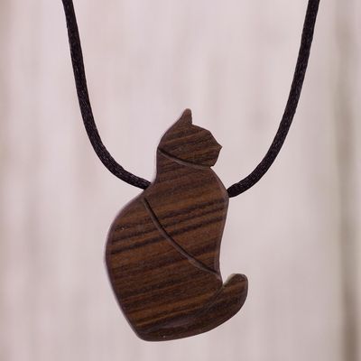 Alternate image for Guacayan Wood Cat Pendant Necklace from Peru Obedient Cat