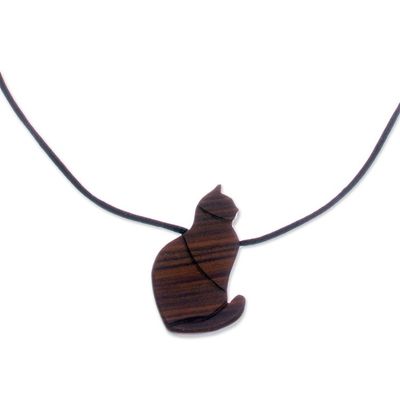 Alternate image for Guacayan Wood Cat Pendant Necklace from Peru Obedient Cat