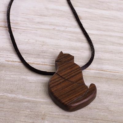 Alternate image for Guacayan Wood Cat Pendant Necklace from Peru Obedient Cat