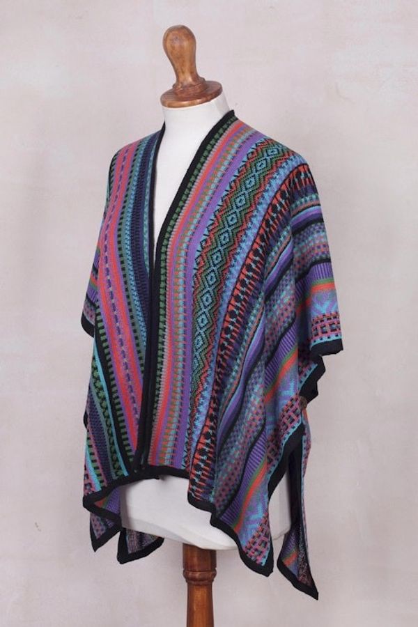 Alternate image for Fuchsia and Multi-Color Striped Acrylic Knit Ruana Garden Strata