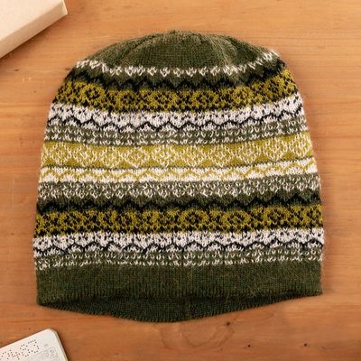 Alternate image for Hand Knit 100 Baby Alpaca Hat in Green Shades from Peru Mystic Jungle