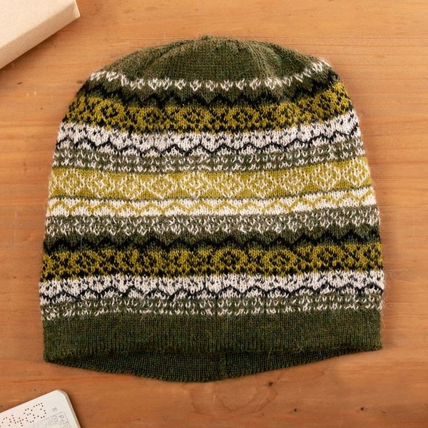 Alternate image for Hand Knit 100 Baby Alpaca Hat in Green Shades from Peru Mystic Jungle