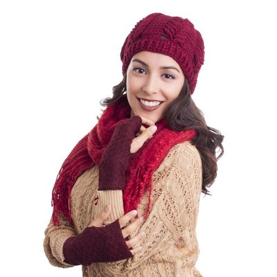 Alternate image for Patterned 100 Baby Alpaca Fingerless Mitts in Maroon Gossamer Wine