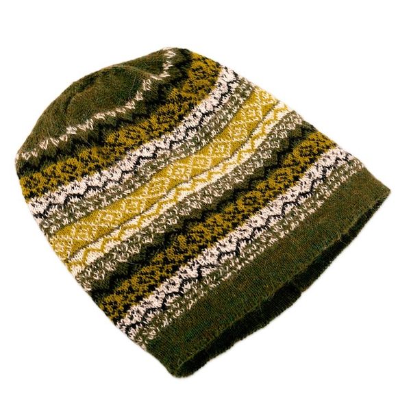 Alternate image for Hand Knit 100 Baby Alpaca Hat in Green Shades from Peru Mystic Jungle