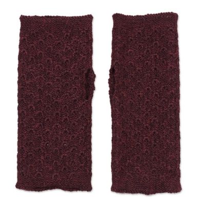 Alternate image for Patterned 100 Baby Alpaca Fingerless Mitts in Maroon Gossamer Wine