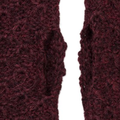 Alternate image for Patterned 100 Baby Alpaca Fingerless Mitts in Maroon Gossamer Wine