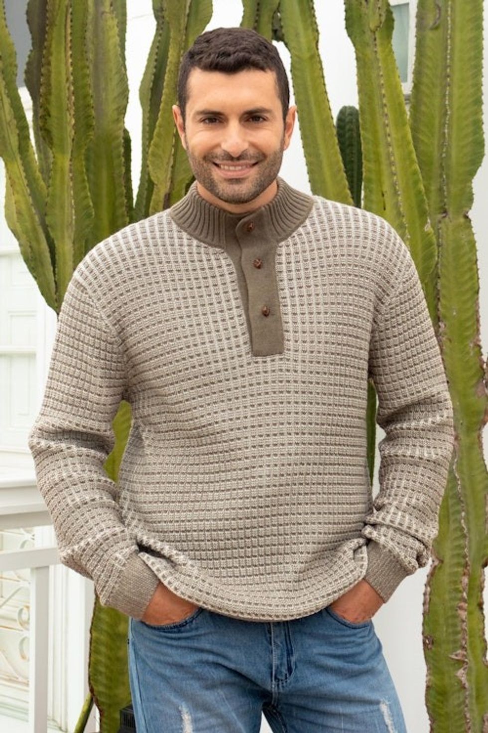 Men's Pullover Sweater in Polyester and Baby Alpaca 'Reclaimed Chic'