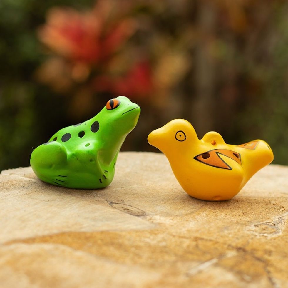 Animal Themed Ceramic Ocarinas Handmade in Peru 2 Pieces 'Unusual Friends'
